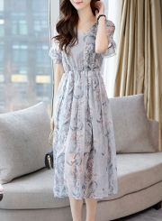 Sweet Slim Chiffon Short Flounce Sleeve V Neck Dress With Pattern