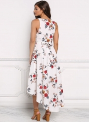 Irregular Chiffon Floral Printed Tie Waist V Neck Midi Dress