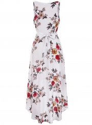 Irregular Chiffon Floral Printed Tie Waist V Neck Midi Dress