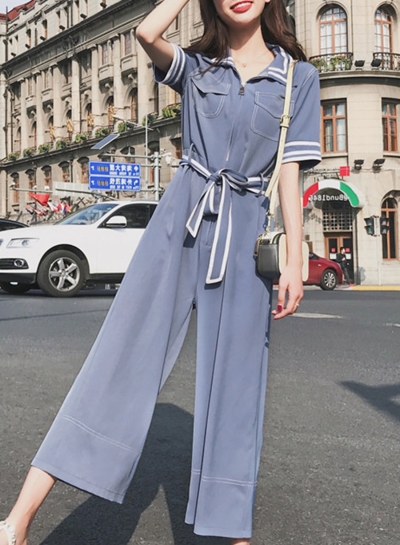 Casual Tie Waist Turn-Down Collar Wide Leg Jumpsuits With Zip zecalaba.com