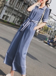 Casual Tie Waist Turn-Down Collar Wide Leg Jumpsuits With Zip