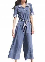 Casual Tie Waist Turn-Down Collar Wide Leg Jumpsuits With Zip