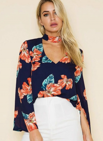 Fashion Floral Printed Long Sleeve Halter V Neck Women Blouse With Zip zecalaba.com