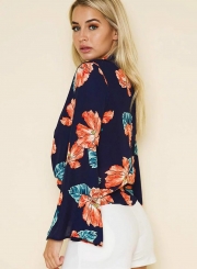 Fashion Floral Printed Long Sleeve Halter V Neck Women Blouse With Zip