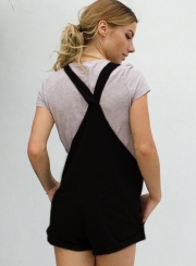 Casual Vintage Solid Wide Leg Women Overalls Shorts With Pockets