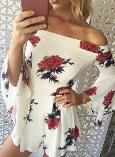 Fashion Sexy Floral Printed Off The Shoulder Flare Sleeve Women Jumpsuits zecalaba.com