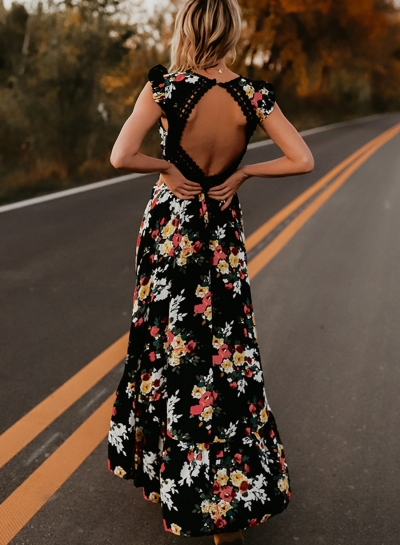 Irregular Floral Printed Sleeveless V Neck Women Swallowtail Maxi Dress