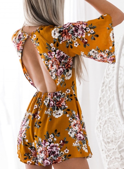 Slim Floral Printed Backless Half Sleeve Round Neck Rompers zecalaba.com