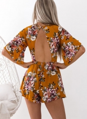 Slim Floral Printed Backless Half Sleeve Round Neck Rompers