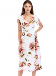 Fashion Slim Floral Printed Tie Waist Short Sleeve V Neck Women Maxi Dress