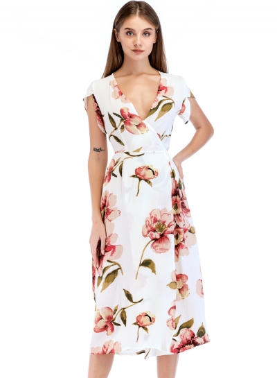 Fashion Slim Floral Printed Tie Waist Short Sleeve V Neck Women Maxi Dress zecalaba.com