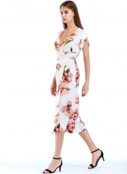 Fashion Slim Floral Printed Tie Waist Short Sleeve V Neck Women Maxi Dress