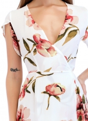 Fashion Slim Floral Printed Tie Waist Short Sleeve V Neck Women Maxi Dress