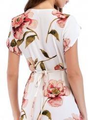 Fashion Slim Floral Printed Tie Waist Short Sleeve V Neck Women Maxi Dress