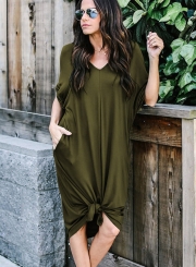 Casual Loose Solid Half Sleeve V Neck Dress With Pockets