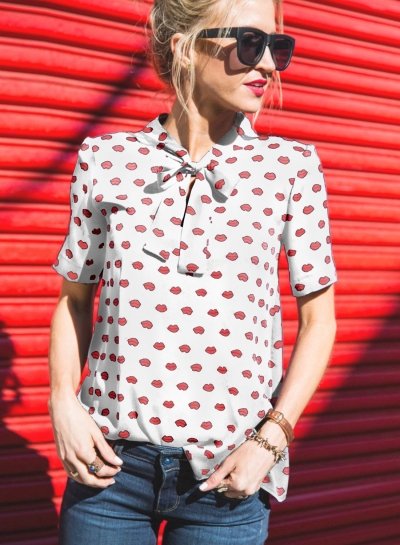 Casual Slim Short Sleeve Bow Collar Women Blouse With Lips Pattern zecalaba.com