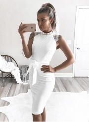 Fashion Sexy Solid Slim Lace Spicing Mock Neck Sleeveless Women Dress