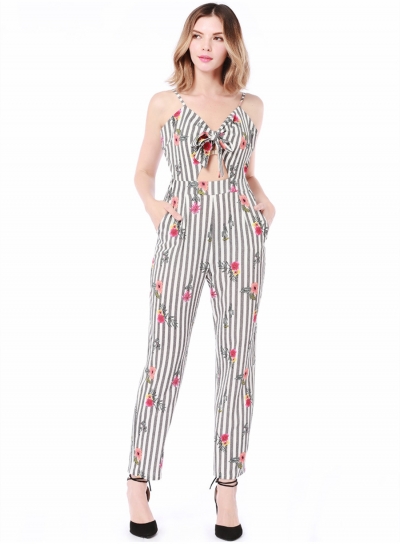 Fashion Slim Striped Floral Printed Spaghetti Strap Jumpsuit With Bow zecalaba.com