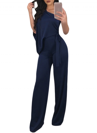 Royal Blue Draped One Shoulder Wide Leg Jumpsuit