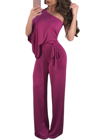 Fashion Solid Draped One Shoulder Tie Waist Wide Leg Women Jumpsuit zecalaba.com