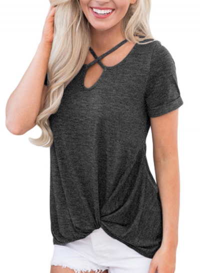 Charcoal Cross Neck Knotted Hem Blouse Top zecalaba.com