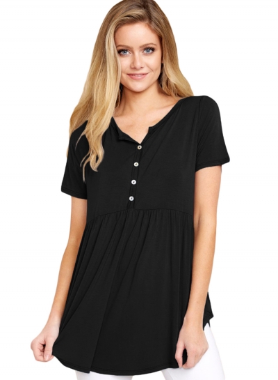 Black Button Front Babydoll Flowy Tee Top with Pleats