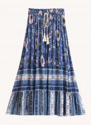 Vintage Floral Printed Elastic Waist A-line Long Skirt With Tassels