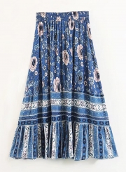 Vintage Floral Printed Elastic Waist A-line Long Skirt With Tassels