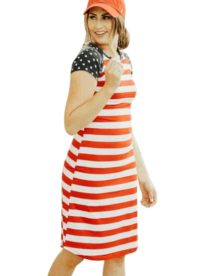 Summer Casual Red Striped Patriotic Women Tee Dress zecalaba.com