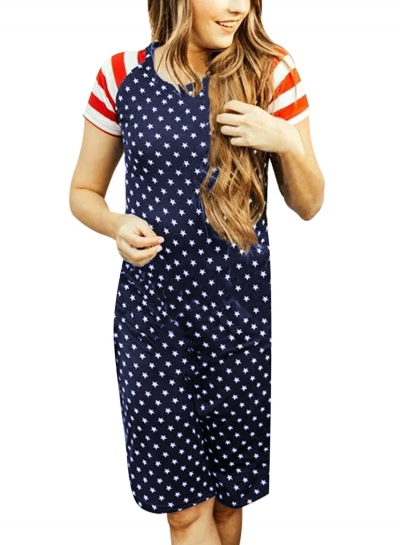 Summer Casual Stars Print Patriotic Women Tee Dress zecalaba.com