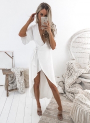 White Irregular Tie Waist High Slit Dress