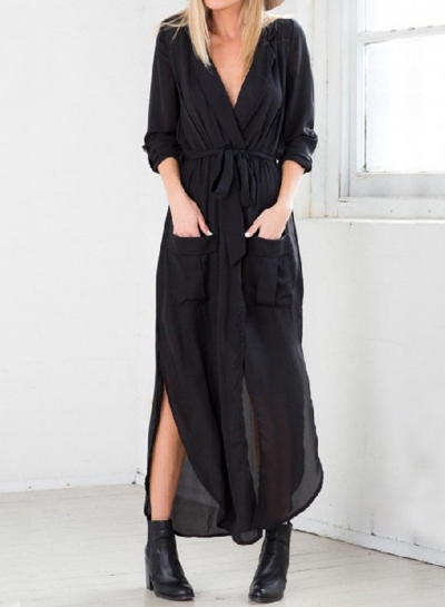 Fashion Loose Long Sleeve Slit Shirt Dress zecalaba.com