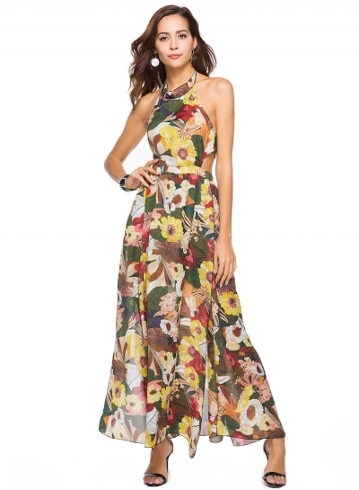 Fashion Floral Printed Halter Backless Lace-up Slit Maxi Dress zecalaba.com