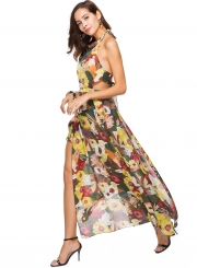 Fashion Floral Printed Halter Backless Lace-up Slit Maxi Dress