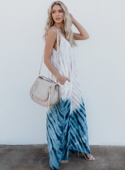 Loose Printed Sleeveless Backless V Neck Maxi Dress With Pockets