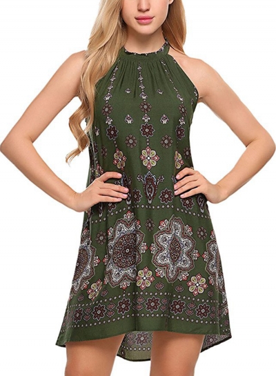 Fashion Loose Popper Printed Sleeveless Halter Neck Women Mini Dress zecalaba.com