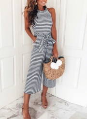 Fashion Striped Off The Shoulder Sleeveless Tie Waist Wide Leg Jumpsuits