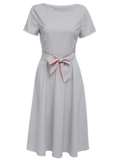 Vintage Tie Waist Short Sleeve Round Neck Dress With Polka Dots zecalaba.com