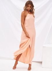 Boho Solid Halter Backless Sleeveless High Slit Maxi Dress