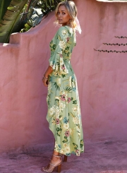 Irregular Floral Printed Waist Tie Half Sleeve V Neck Chiffon Maxi Dress