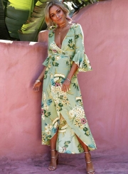 Irregular Floral Printed Waist Tie Half Sleeve V Neck Chiffon Maxi Dress