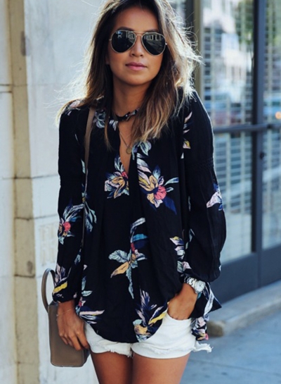 Fashion Casual Loose Floral Printed Long Sleeve V Neck Women Blouse zecalaba.com