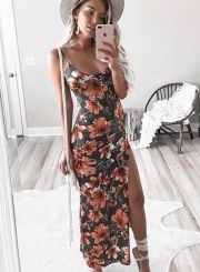 Fashion Slim Floral Printed Spaghetti Strap Backless Slit Maxi Dress