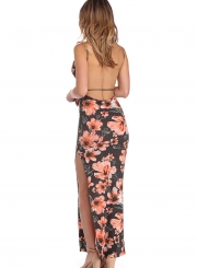 Fashion Slim Floral Printed Spaghetti Strap Backless Slit Maxi Dress