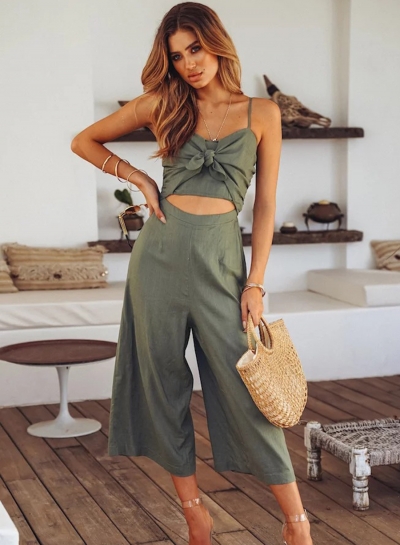 Summer Solid Spaghetti Strap Front Bow Backless Wide leg Jumpsuit