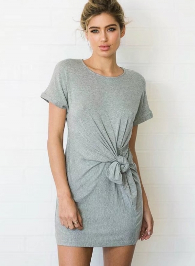 Summer Casual Solid Short Sleeve Round Neck Waist Knot Women Dress zecalaba.com