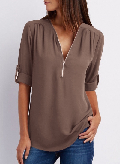 Casual Loose Chiffon Solid Long Sleeve Zip V Neck Blouse zecalaba.com