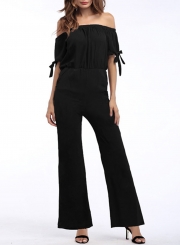 Solid Lace-up Short Sleeve Off The Shoulder Wide Leg Jumpsuit