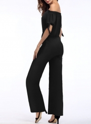 Solid Lace-up Short Sleeve Off The Shoulder Wide Leg Jumpsuit