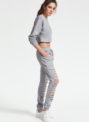 Solid Ripped Long Sleeve Round Neck Crop Top Lace-up Pants Set